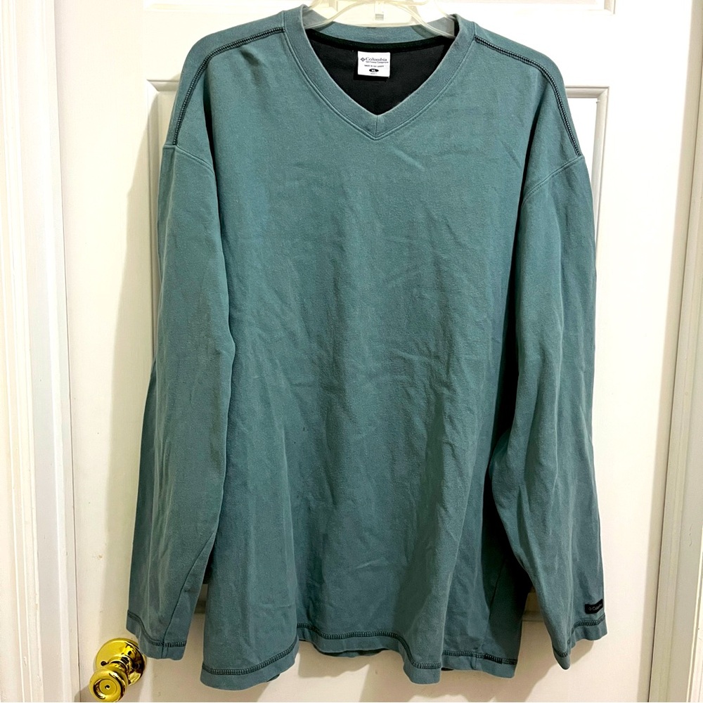 Men COLUMBIA COTTON V-NECK LONG SLEEVE PULLOVER SHIRT TOP sz XL light teal blue